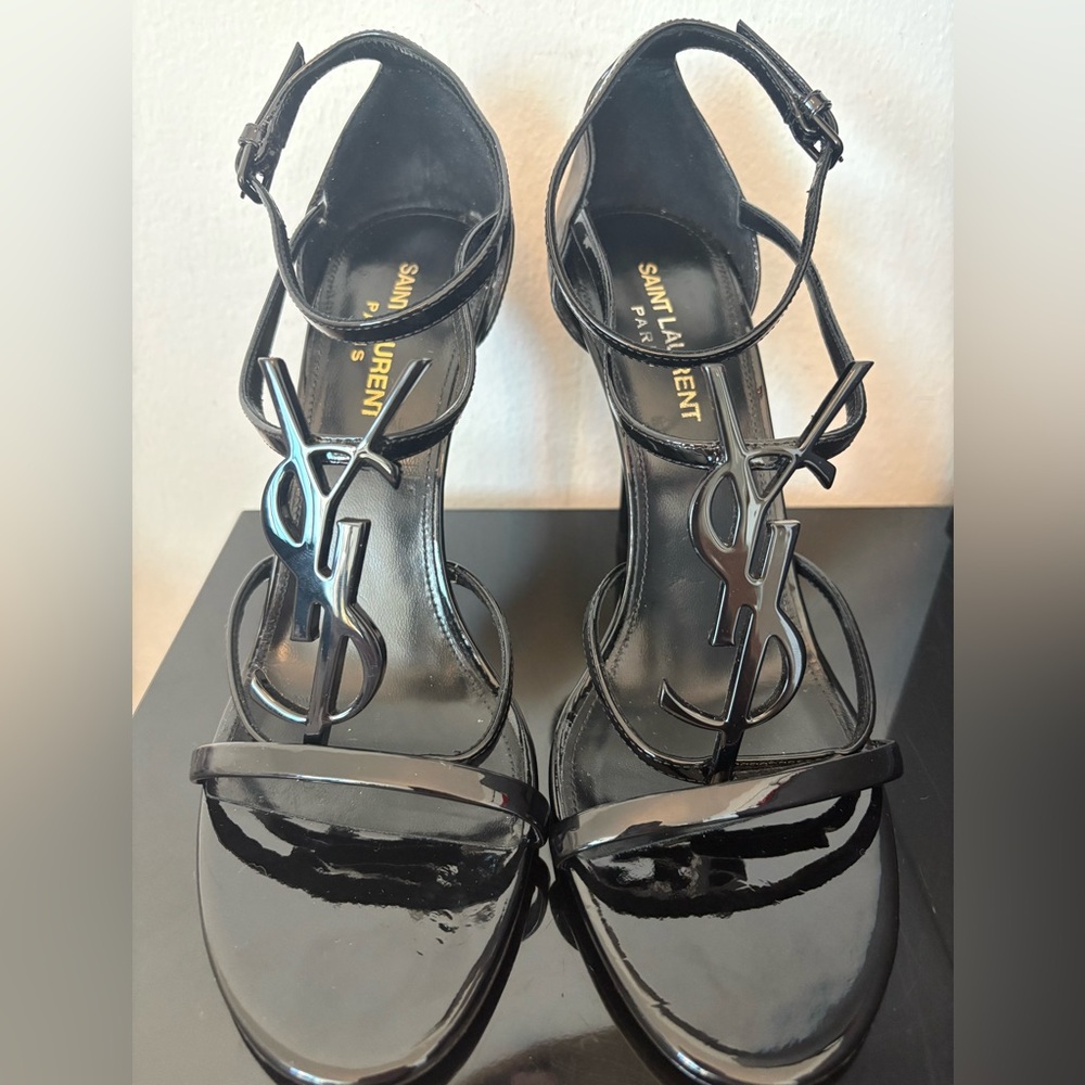 Saint Laurent Black Patent Leather YSL Monogram Stiletto Sandals
